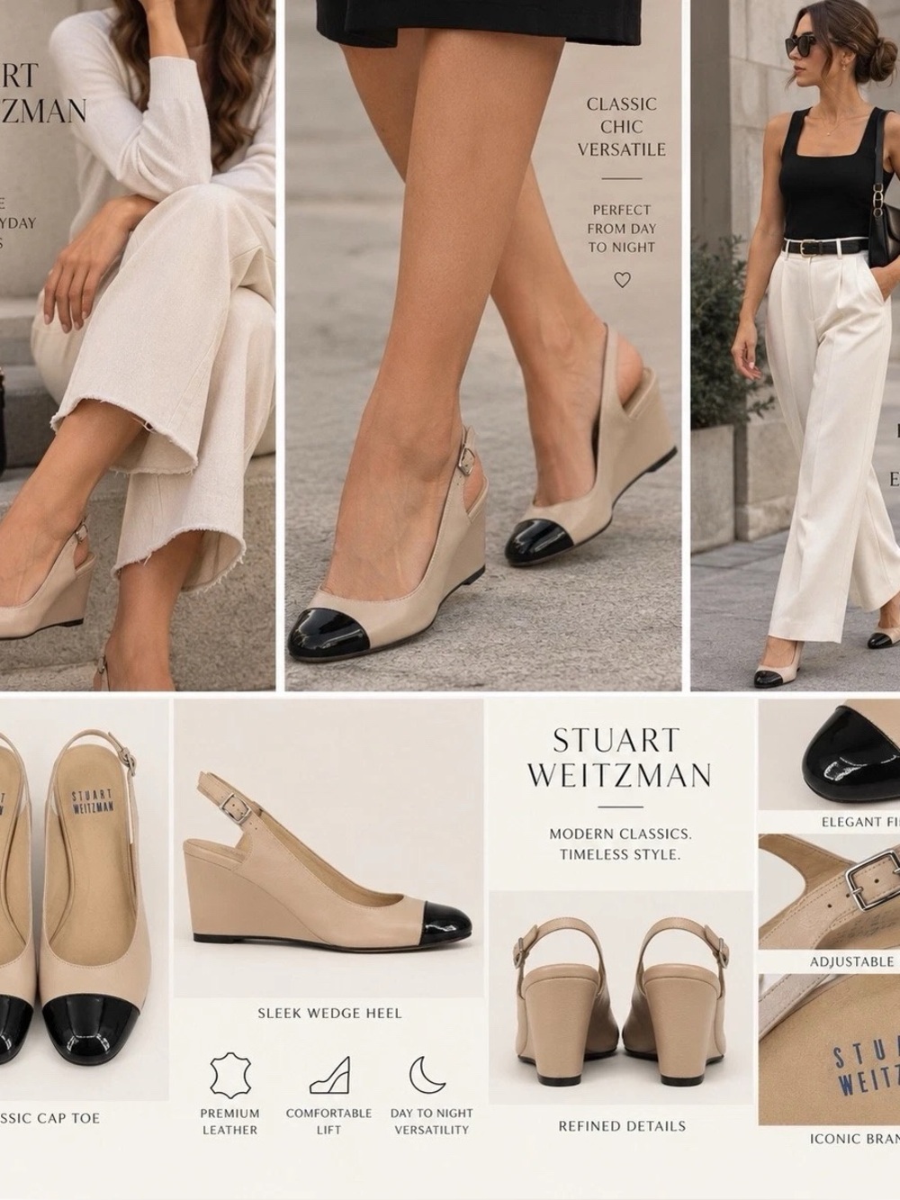 STUART WEITZMAN Women’s Size 8.5 Leather Nude Black Cap Toe Wedge Sling Back